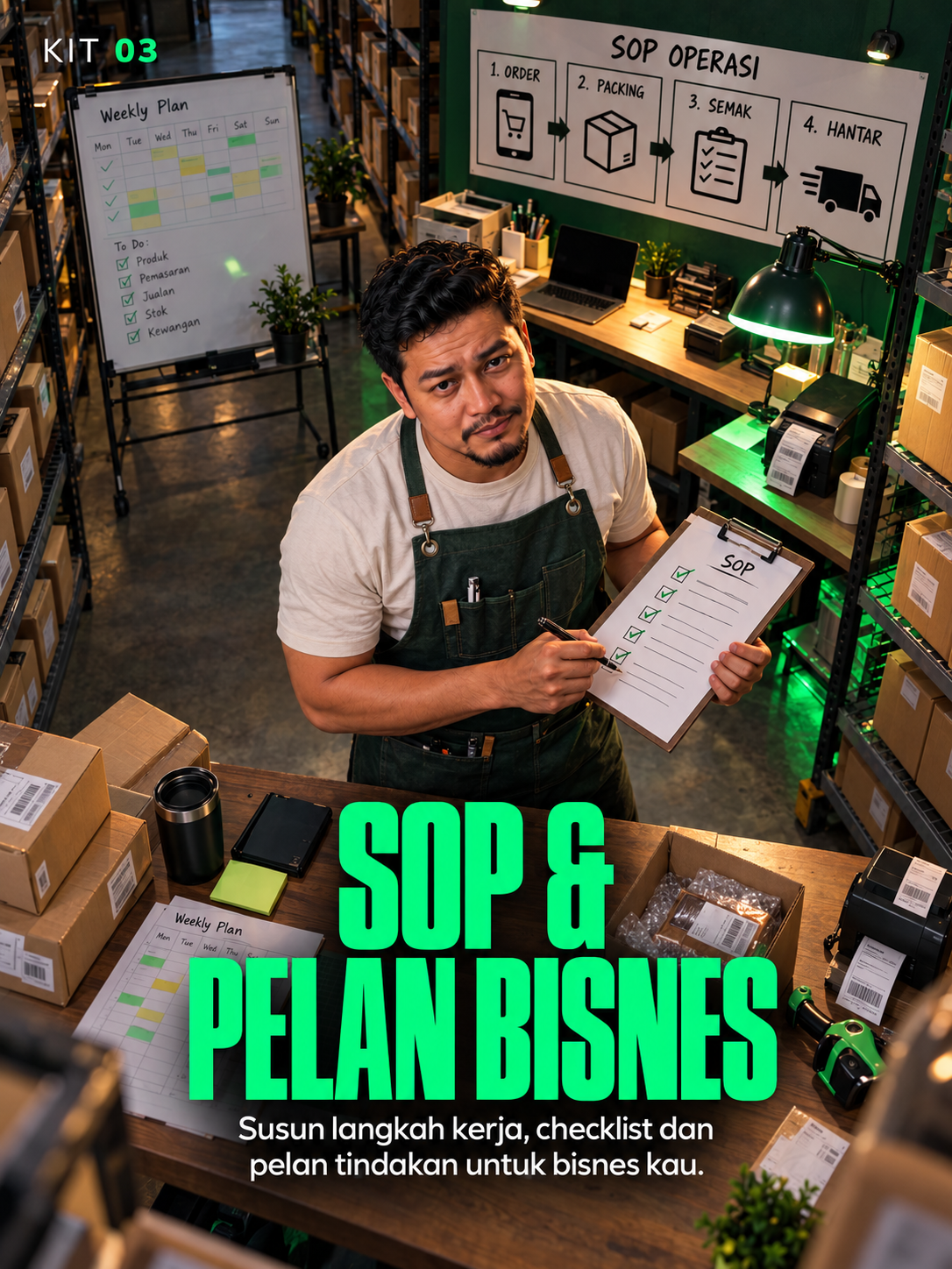 Kit 03: SOP & Pelan Bisnes — watak owner di ruang kerja mengikut role