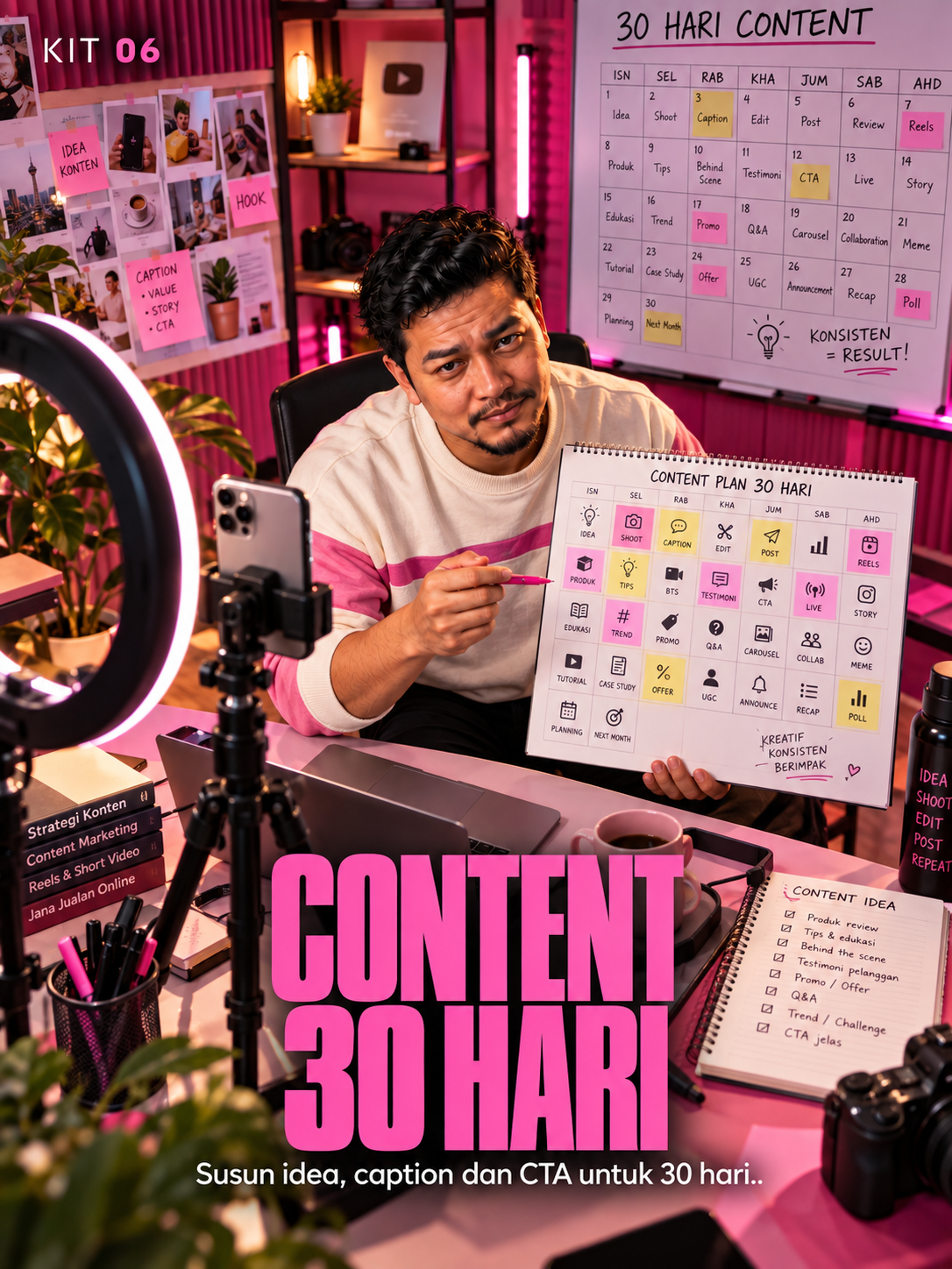 Kit 06: Content 30 Hari — watak owner di ruang kerja mengikut role