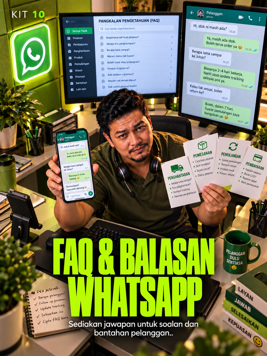 Kit 10: FAQ & Balasan WhatsApp — watak owner di ruang kerja mengikut role