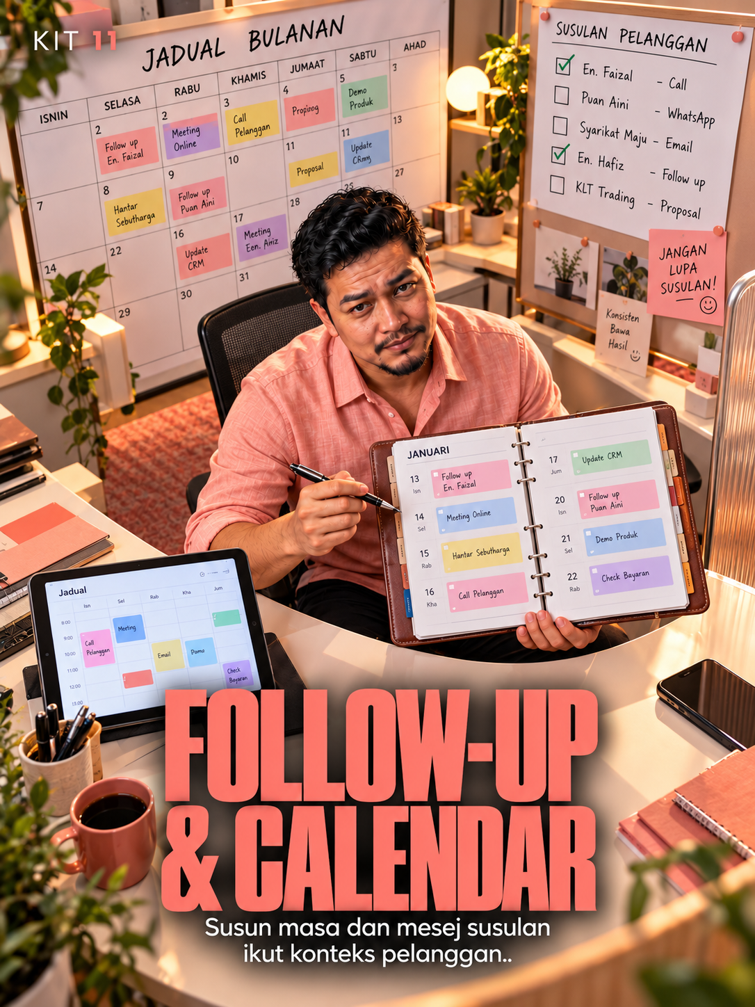 Kit 11: Follow-Up & Calendar — watak owner di ruang kerja mengikut role