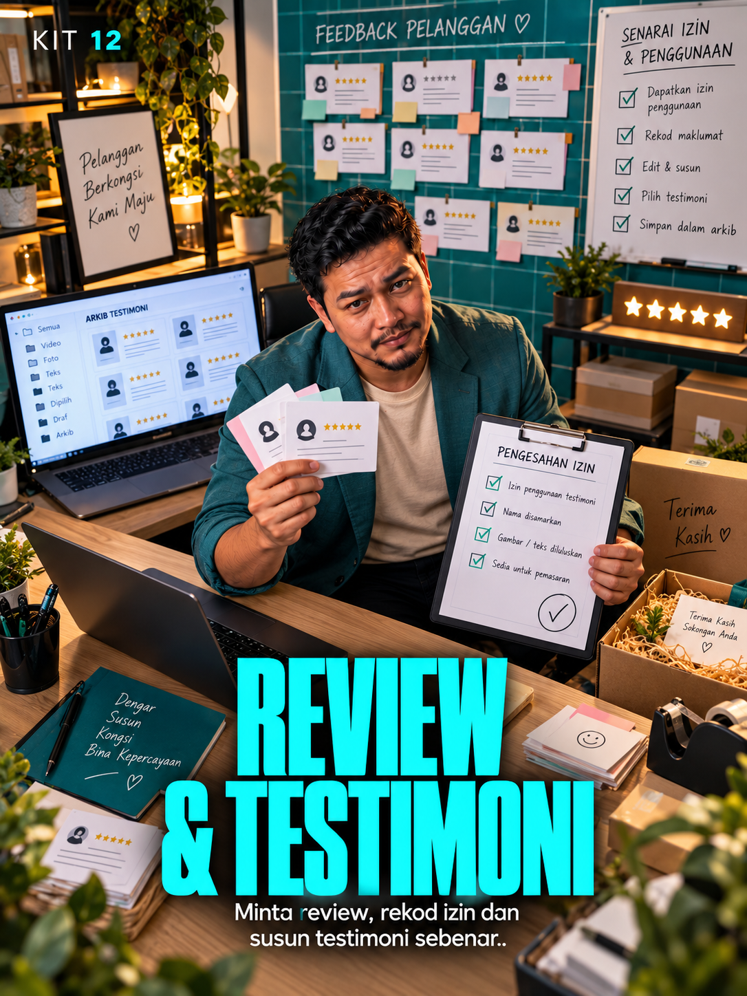 Kit 12: Review & Testimoni — watak owner di ruang kerja mengikut role