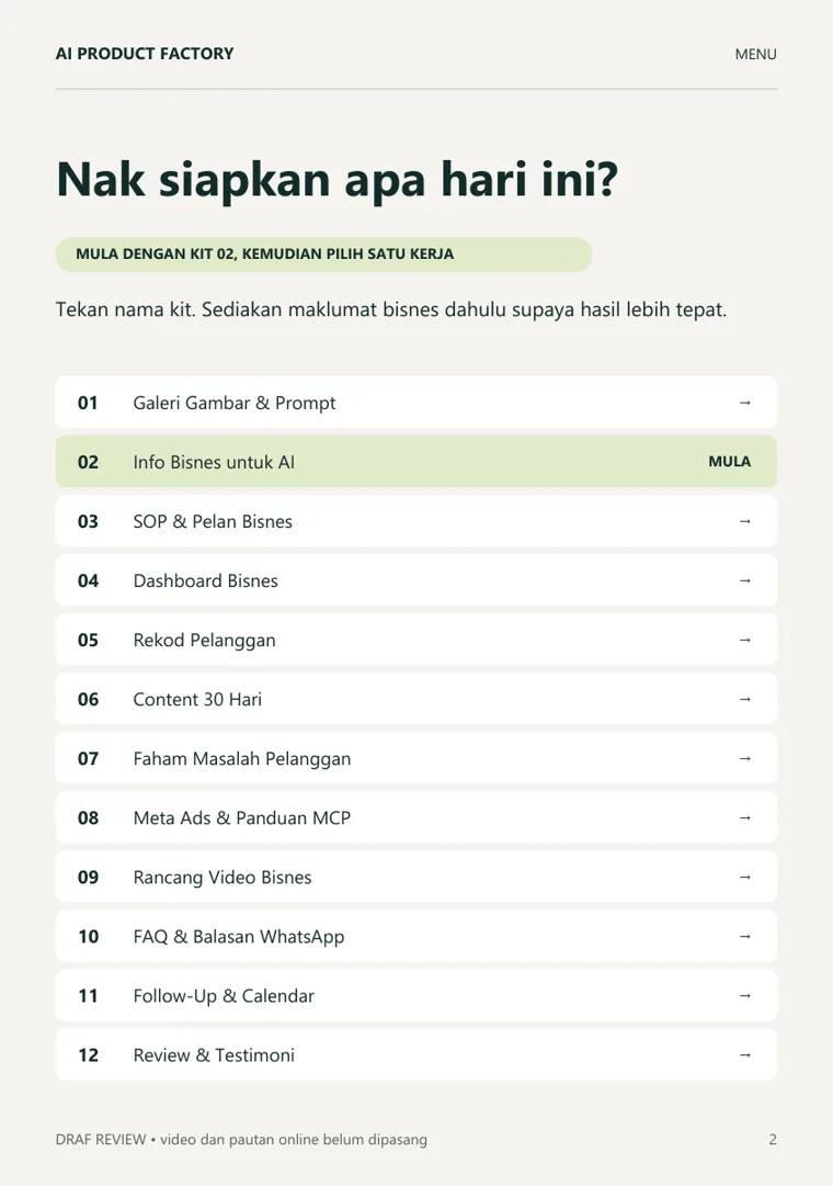 Menu PDF 12 kit dengan Kit 02 sebagai langkah mula