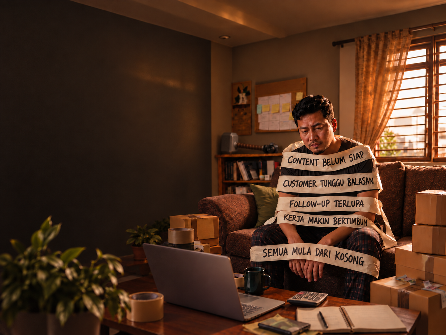 Visual rekaan owner dibalut masking tape bertulis: Content belum siap; Customer tunggu balasan; Follow-up terlupa; Kerja makin bertimbun; Semua mula dari kosong.