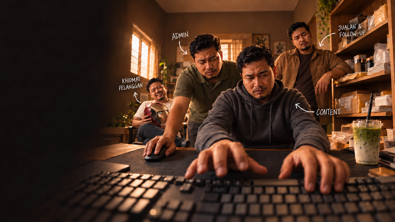 Empat versi owner yang sama: content menangis sambil menaip, admin serabut, khidmat pelanggan ketawa dan jualan/follow-up mengantuk. Role dan arrow tulisan tangan putih.
