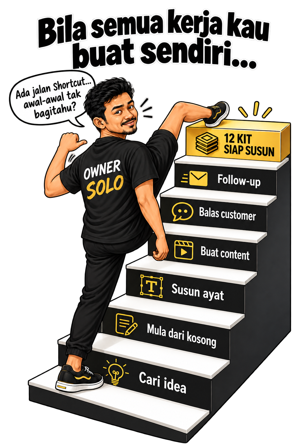 Kartun owner solo melangkah ke 12 kit siap susun di tangga penuh dengan depth 3D tanpa railing. Dialog: Ada jalan shortcut… awal-awal tak bagitahu?
