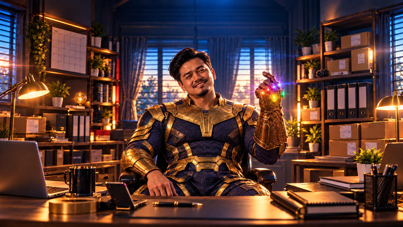 Owner dalam suit Thanos dengan glove enam batu, di ruang kerja tersusun